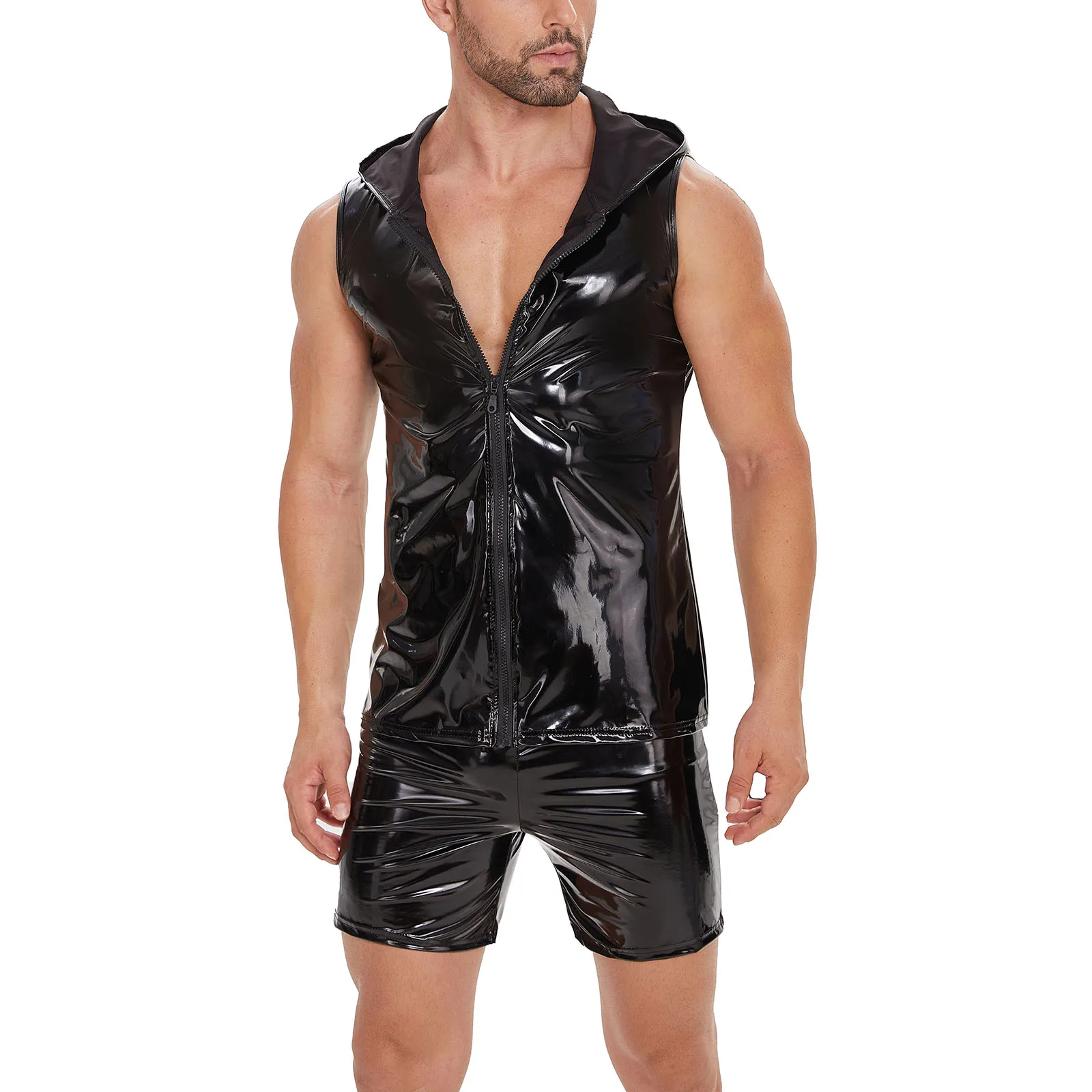 Top Trends: Plus Size Mens Shiny Leather Tank Top Full Zipper Glossy PVC Leather Hoodies T-Shirts Sleeveless Wetlook Latex V-Neck Vest Shoppable Styles - Image 6