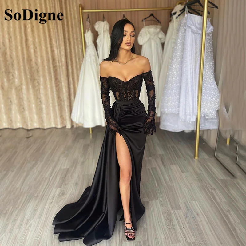 Top Trends: SoDigne Black Mermaid Evening Dresses Sequined Long Sleeves Formal Party Dress Pleated High Split Women Special Prom Gowns Shoppable Styles