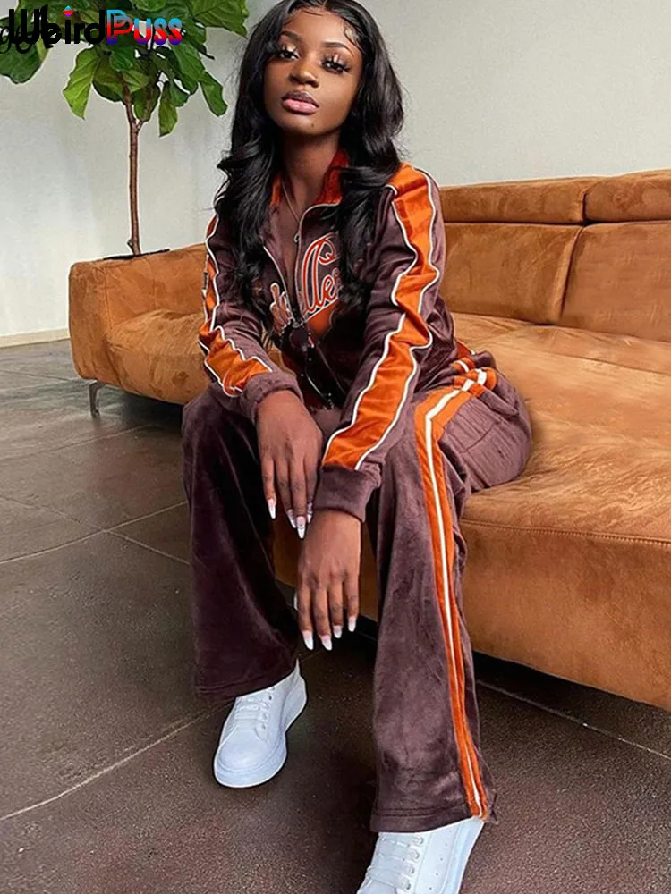 Top Trends: OrangeA Women Tracksuit Letter Print Velvet 2 Piece Outfit Sweatshirt+ Straight Sweatpants Matching Set Fitness Sporty Streetwear Shoppable Styles