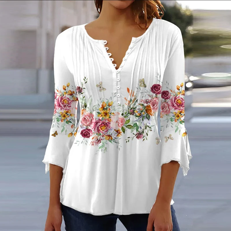 Top Trends: 2023 Graphical Print Shirts For Women Women Spring Summer 3 / 4 Sleeve V Neck Buttons Blouse Shirt Ladies Long Sleeve Tops Shoppable Styles