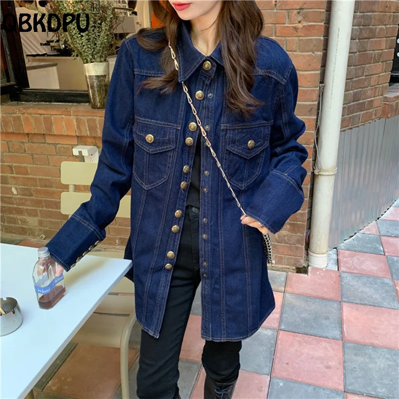 Top Trends: British Design Dark Blue Denim Shirt Women Chic Single-Breasted Vintage Blouses 2023 Spring Tops Long Sleeve Casual Jean Blusas Shoppable Styles