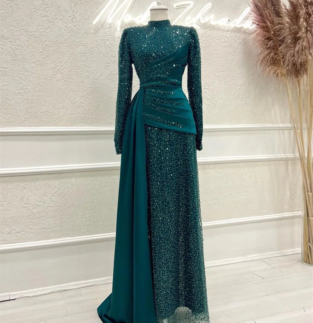 Top Trends: Hunter Green Evening Dresses Long Sleeves Modest Muslim Women Formal Prom Gowns Isreal Beads Met Gala Party Dresses Outfits Shoppable Styles