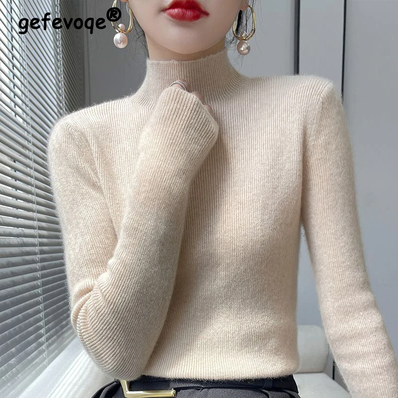 Top Trends: Korean Elegant Half Turtleneck Slim Fit Soft Basic Knitted Sweater Autumn Winter Women&#039;s Solid Long Sleeve Pullover Tops Jumpers Shoppable Styles