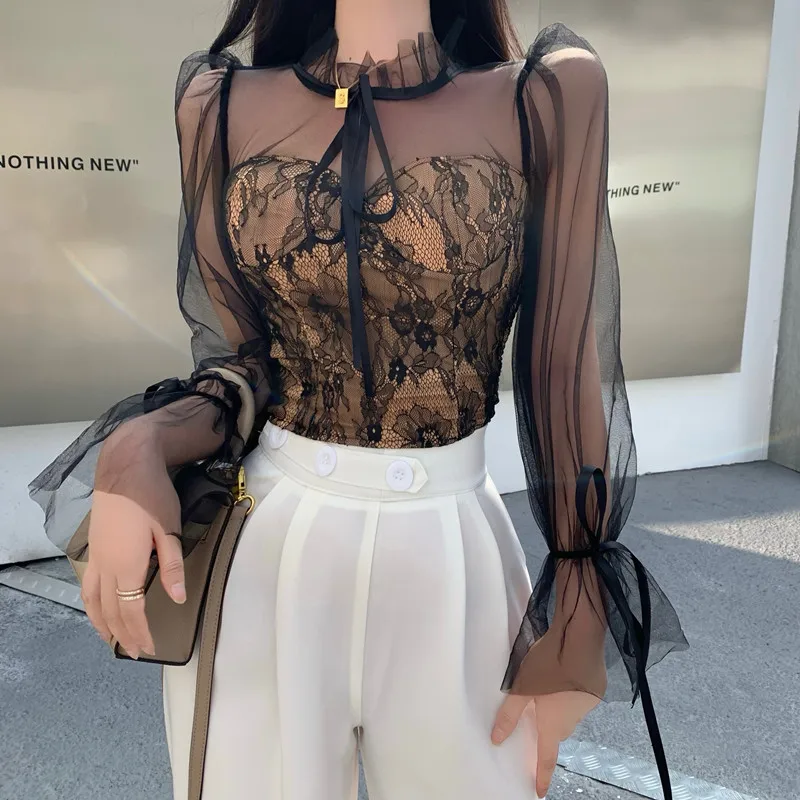 Top Trends: Spring Summer Chic Mesh Patchwork Blouse For Women Streetwear Long Sleeve O Neck Lace Crop Shirt Top Lady Slim Blouse Shoppable Styles