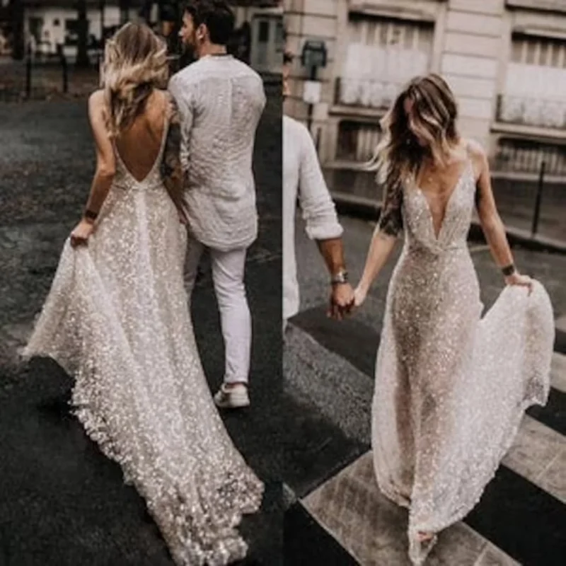 Top Trends: Glitter Backless Wedding Dresses Deep V-neck Shiny Robe De Mariée Formal Bride Be атласное платье Vestido De Novia Sweep Train Shoppable Styles