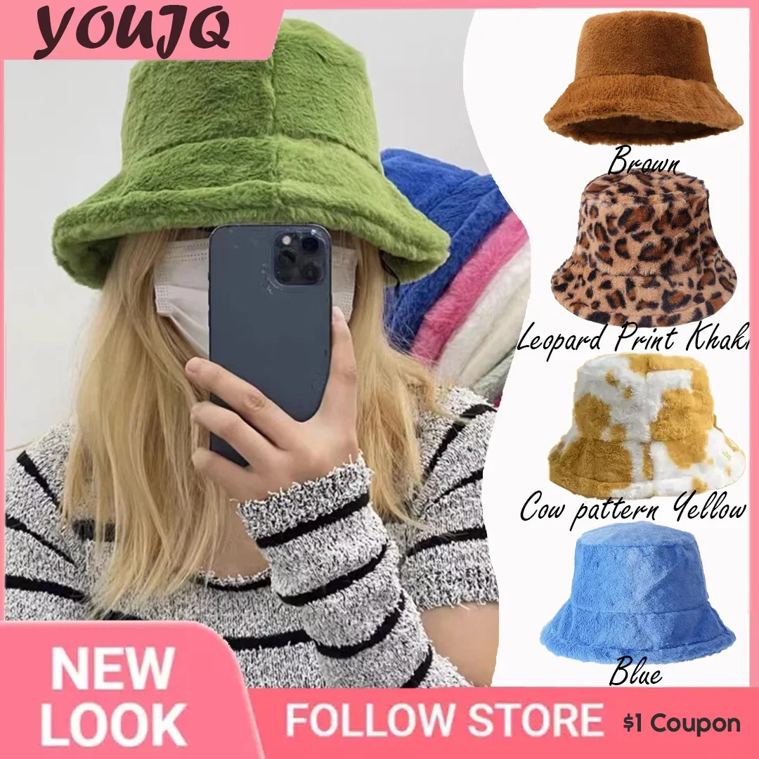 Top Trends: Winter Rabbit Plush Fisherman Hats For Women Girl Bucket Hat Windproof Leopard Soft Faux Fur Wide Brim Lady Women Artist Cap Shoppable Styles