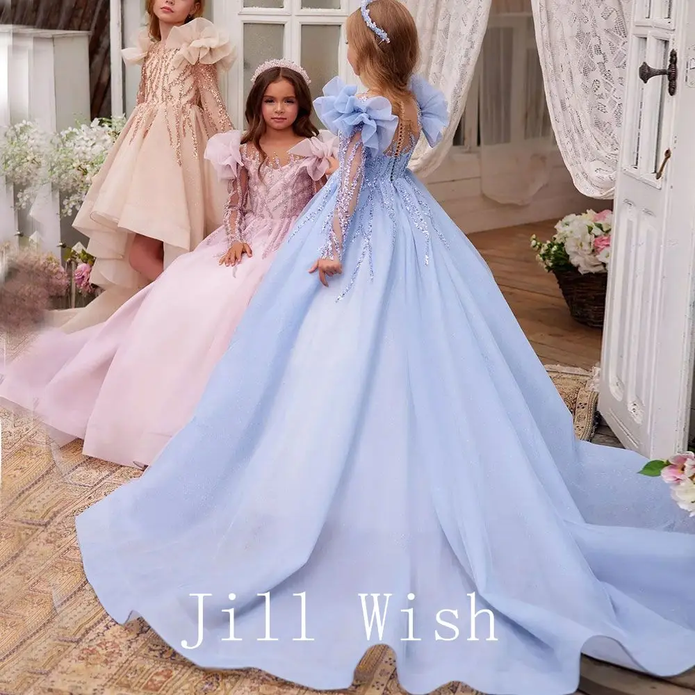 Top Trends: Jill Wish Elegant Blush Champagne Flower Girl Dress Sequined Blue Princess Gown For Kids Wedding Birthday Communion Party J139 Shoppable Styles