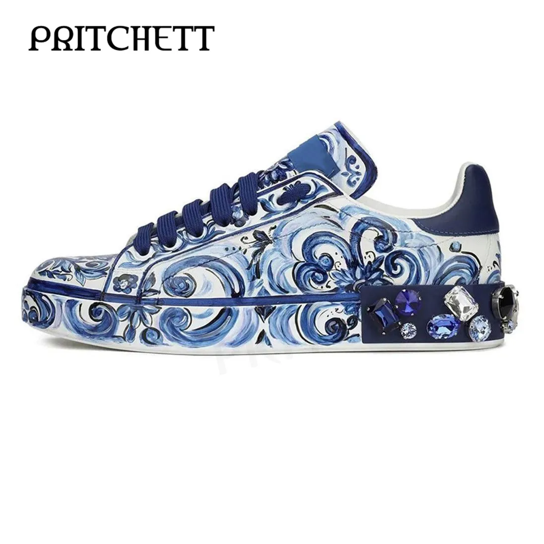 Top Trends: Blue Pattern Printing Sneakers Round Toe Colorful Rhinestone Decoration Lace-Up Casual Shoes Thick Sole Fashion Men's Shoes Shoppable Styles