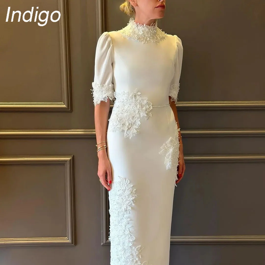 Top Trends: Indigo Evening Dresses High Neck Appliques Half Sleeves Ankle-Length Formal Party Dress For Women 2024 Vestidos De Noche Shoppable Styles