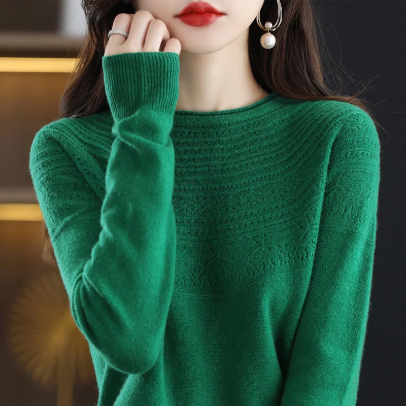 Top Trends: Trendy Style One-Line Ready-To-Wear Pure Wool Sweater Women's Hollow Knitted Pullover Autumn And Winter Rolled Edge O-Neck Top Shoppable Styles - Image 5