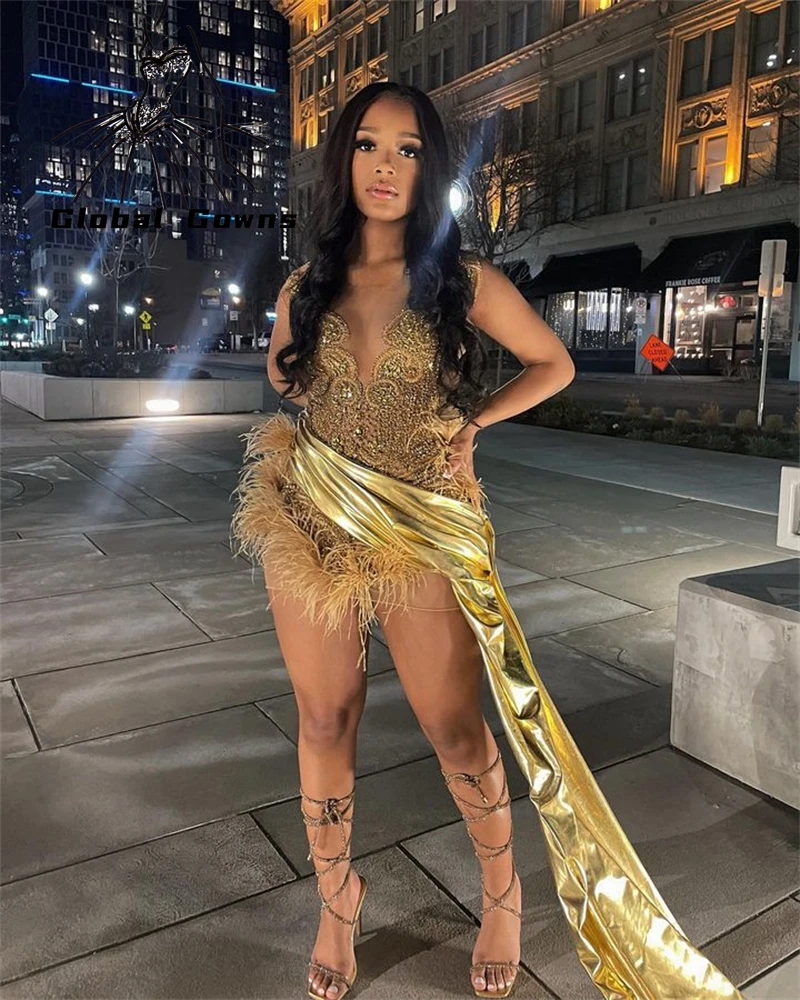 Top Trends: Gold Sweetheart Short Prom Dress For Black Girls Beaded Crystal Feathers Birthday Party Dresses With Tail Mini Abiti Da Cocktail Shoppable Styles