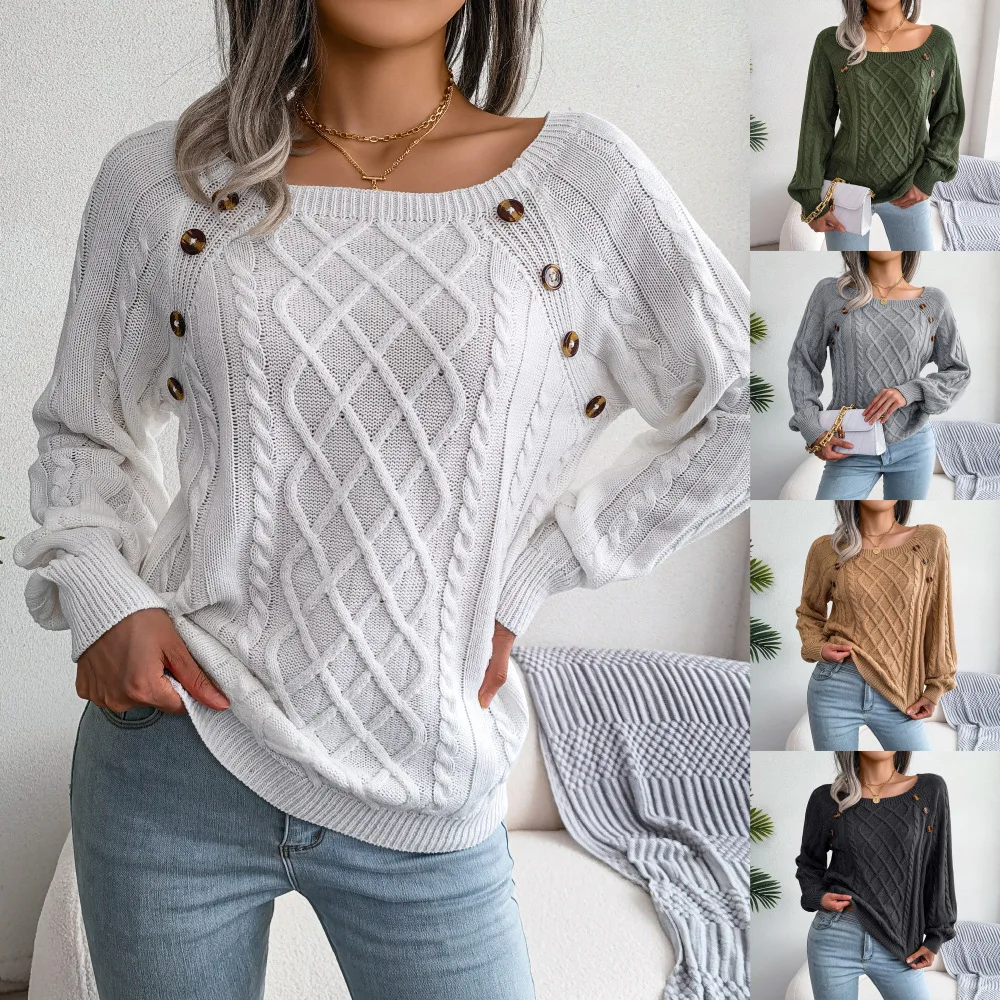 Top Trends: Europe And America Autumn And Winter Women&#039;s New Leisure Fashion Diamond Button Fried Dough Twist Knitted Sweater Shoppable Styles