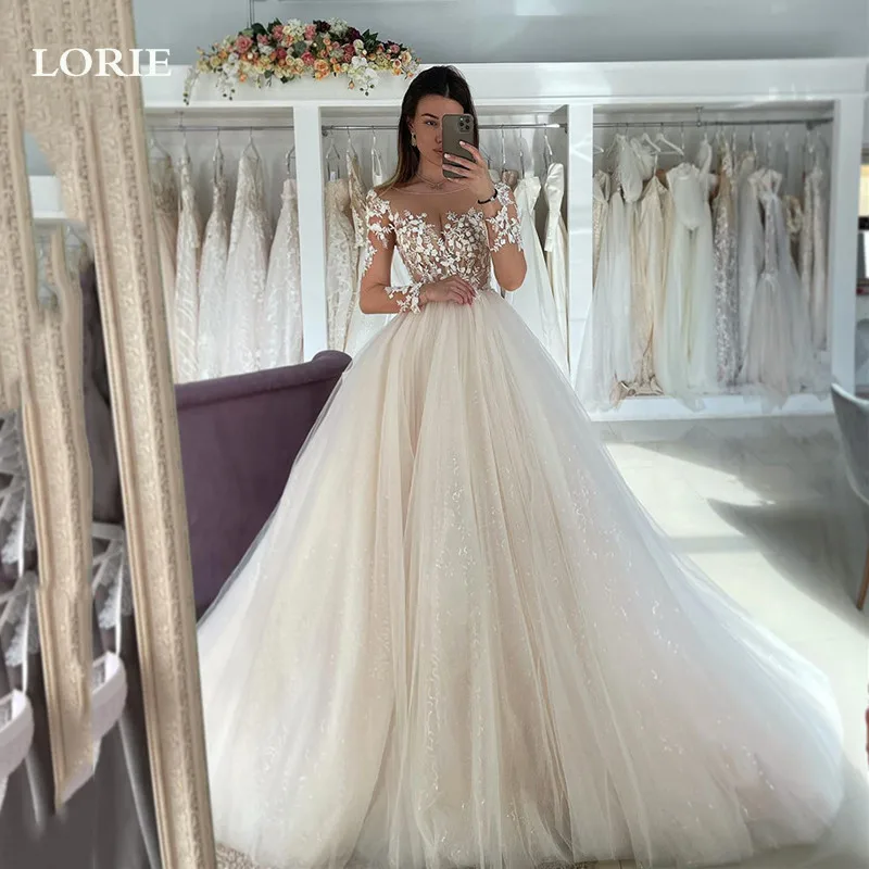 Top Trends: LORIE Light Champagne Lace Wedding Dresses Long Sleeve Shiny Glitter Bride Dress Wedding Gowns 2023 Shoppable Styles