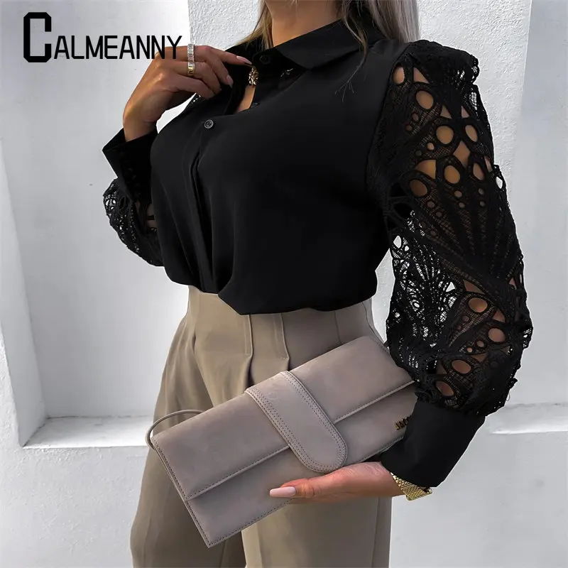 Top Trends: Summer Autumn Tops Blouses Solid Color Elegant Vintage Shirts Blouse Women Lace HollowOut Long Sleeve Lapel V Neck Shirts Ladies Shoppable Styles