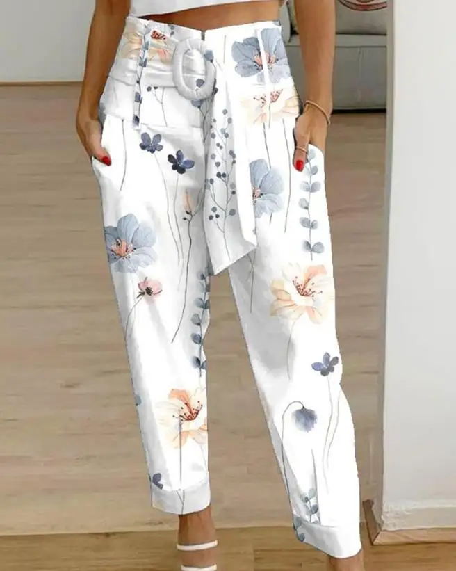 Top Trends: Women's High Waist Pants Summer Casual European & American Floral Print Belted Pocket Design Fashion Trousers For Women Shoppable Styles