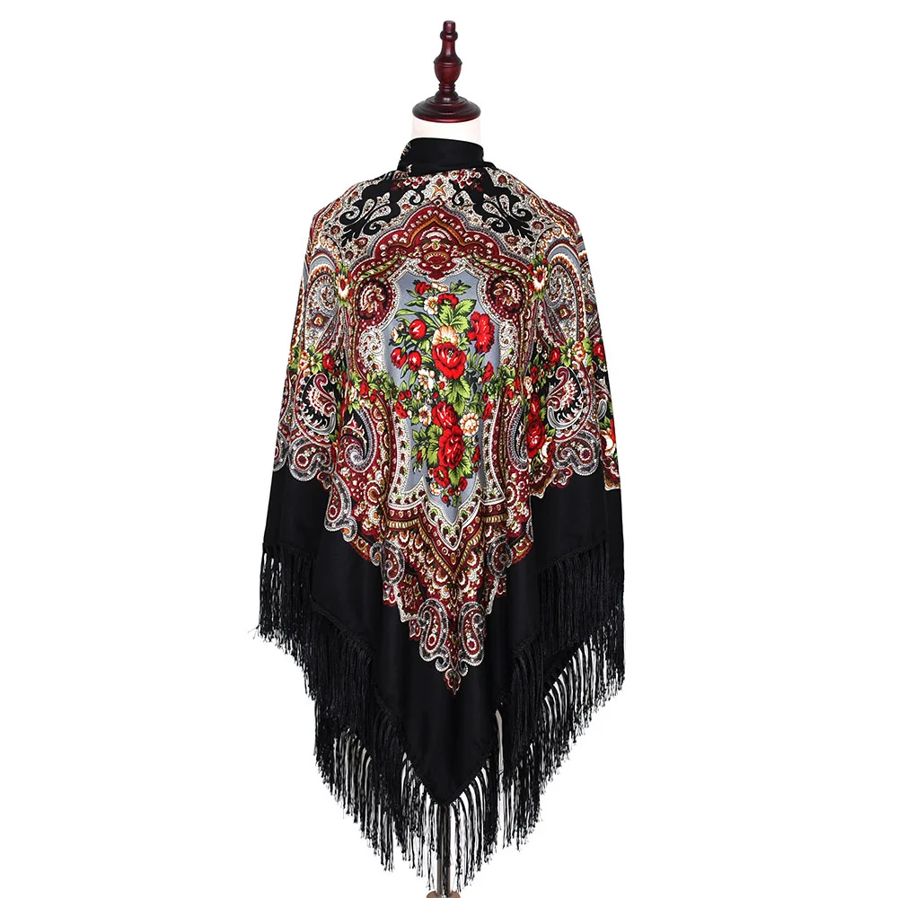 Top Trends: 160*160cm Russian National Scarf Women Luxury Floral Printed Square Bandana Shawl Ukrainian Fringed Shawls Babushka Handkerchief Shoppable Styles