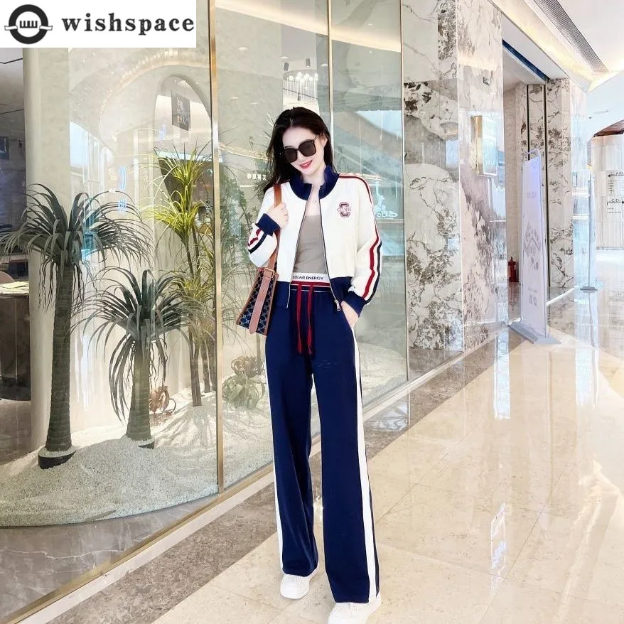 Top Trends: Leisure Fashion Sports Set Women&#039;s 2023 New Spring / Summer Korean Edition Spliced Top Slim Wide Leg Pants Two Piece Set Shoppable Styles