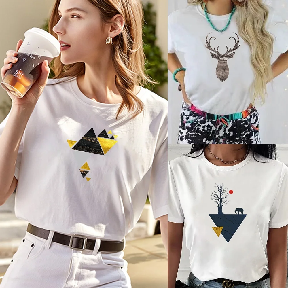 Top Trends: T Shirt Vintage Shape Print 2022 Summer Short Sleeve Crop Top Women Slim T Shirt Harajuku Fashion O-neck Clothes Streetwear Tops Shoppable Styles