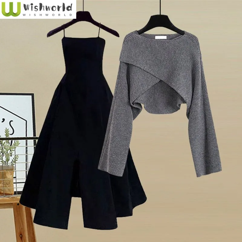 Top Trends: Spring And Autumn Set Women&#039;s 2023 New Korean Fashion Cross Knitted Sweater Age Reducing Sling Dress Two Piece Set Shoppable Styles