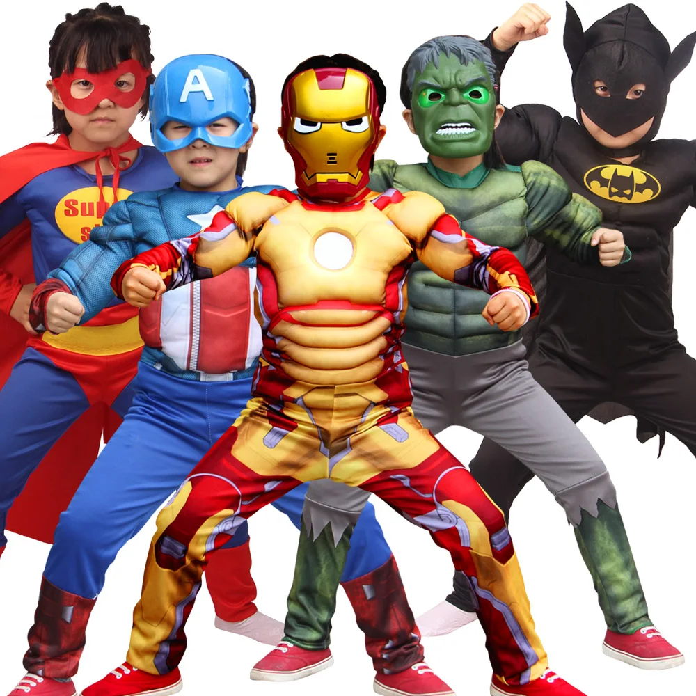 Top Trends: Kids Superhero Muscle Chest Captain America Hulk Iron Man Spider Jumpsuit Cosplay Costume Attached Mask Bodysuit Mask Props Shoppable Styles