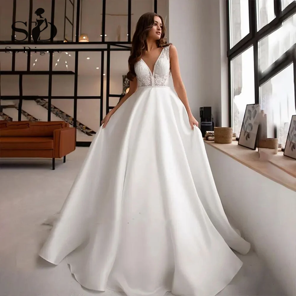 Top Trends: SoDigne Modern Wedding Dress V-Neck Sleeveless Lace A Line Bridal Gowns Beach Satin Wedding Gowns Custom Made Robe De Mariee Shoppable Styles