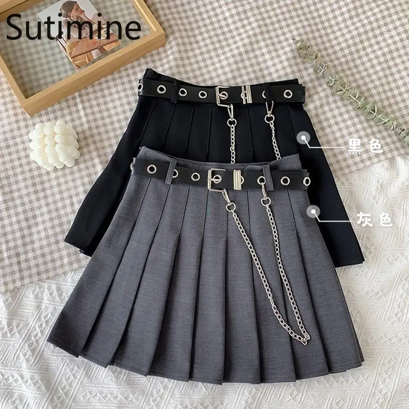 Top Trends: Gothic Skirts With Belt Hanging Women Pleated Mini Chain Skirt With Shorts Black Sou South Korean Cool Girls Harajuku Y2k Skirt Shoppable Styles