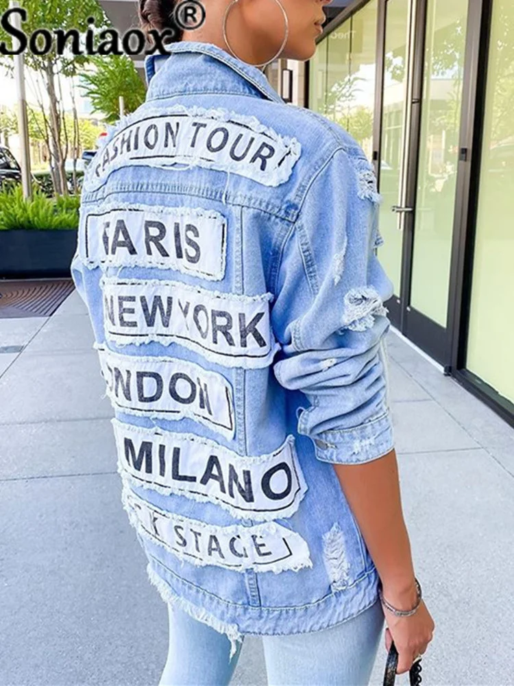 Top Trends: Cotton Denim Jackets Letter Print Loose Hole Coat Light Blue Streetwear Stretch Jeans Jacket Oversize Outerwear Top Bomber Women Shoppable Styles