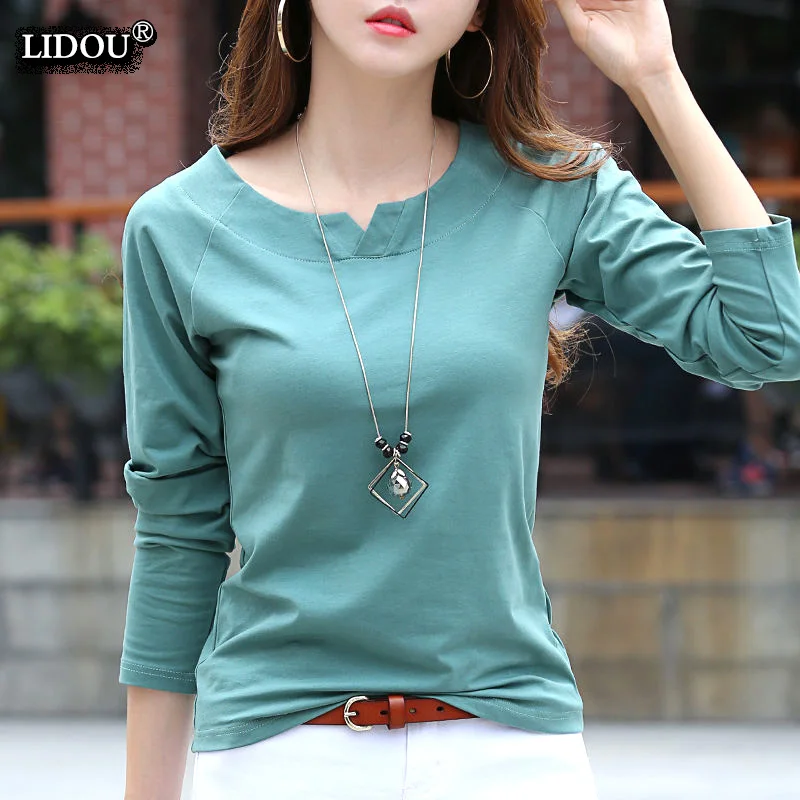 Top Trends: T-Shirts Spring Autumn O-neck Solid Color Long Sleeved Worsted 2022 New Women's Clothing Leisure Wild Korean All-match Simple Shoppable Styles