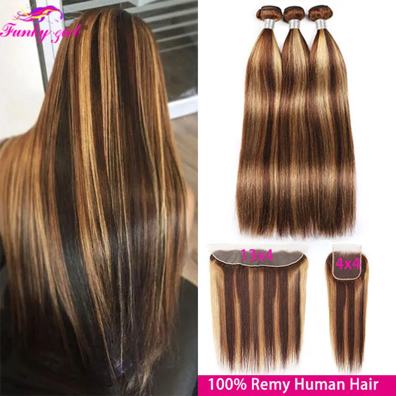 Top Trends: Brazilian P4 27 Highlight Bundles Straight Human Hair Bundles With Frontal 13x4 Front Ombre Human Hair Weave Bundle With Closure Shoppable Styles