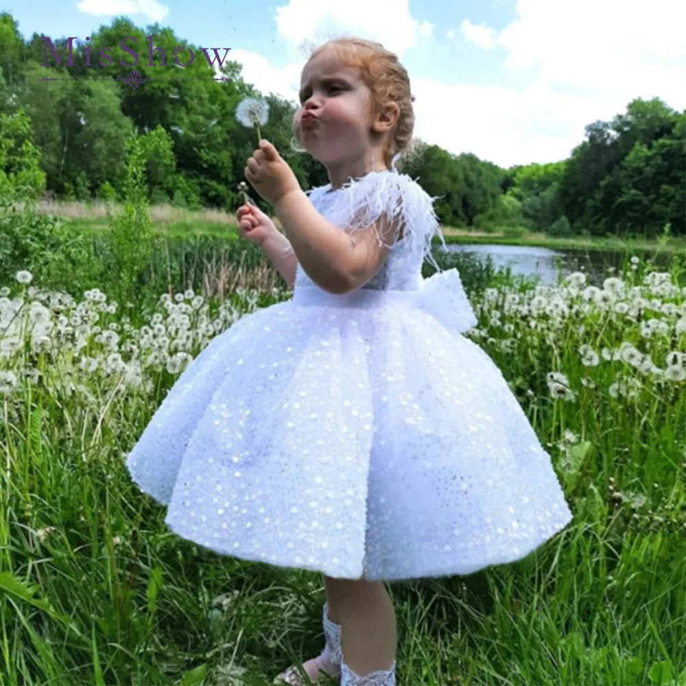 Top Trends: MisShow Sparkly White Flower Girl Dress Beads Feather With Bow First Communion Dress For Girls Wedding Party Princess Ball Gowns Shoppable Styles