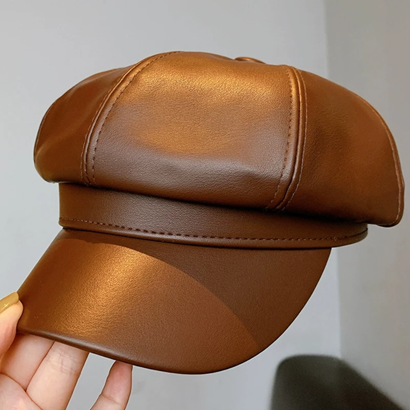 Top Trends: PU Leather Octagonal Beret Hat Autumn Winter Women Solid Color Berets Baseball Cap Ladies High Quality Newsboy Cabbie Beanie Cap Shoppable Styles