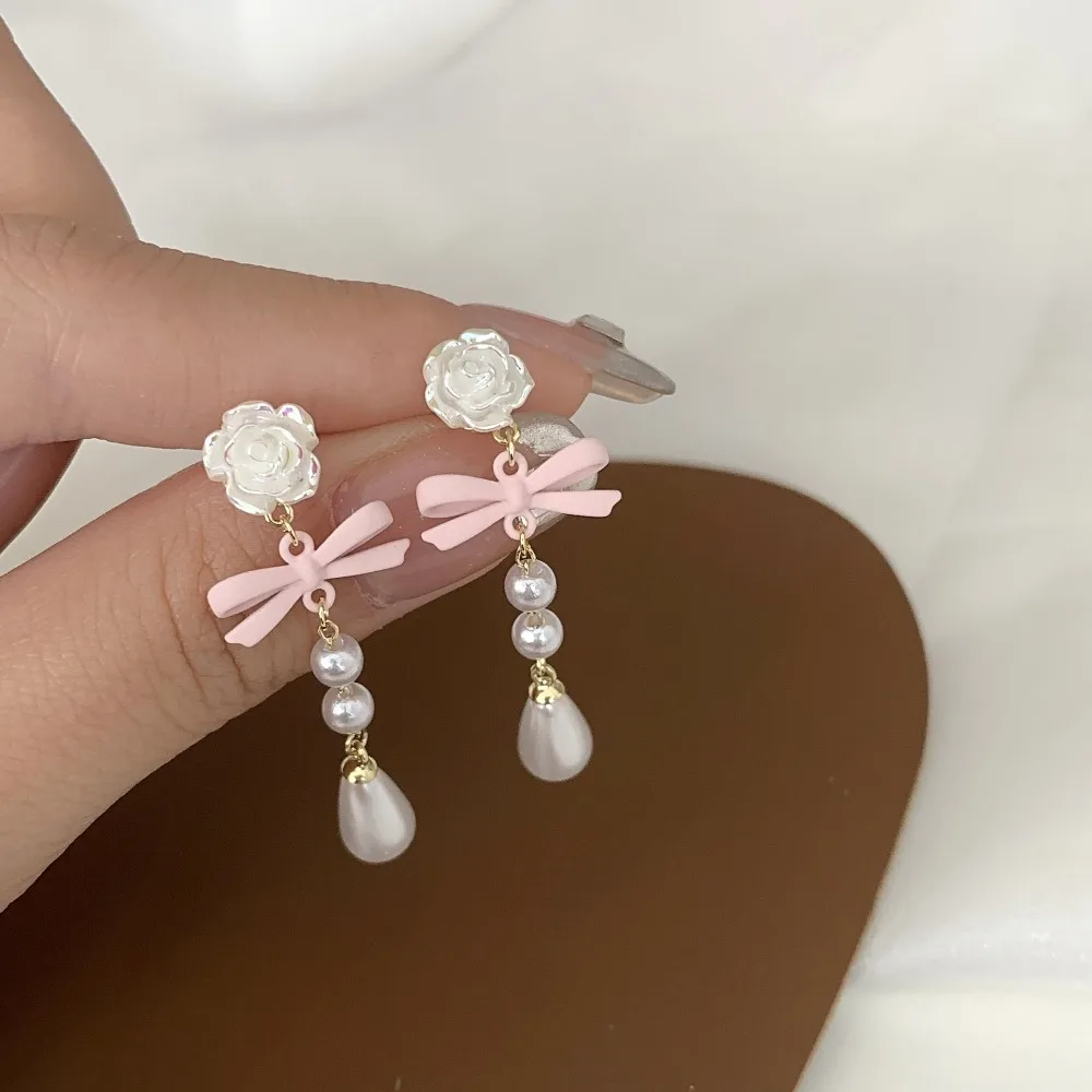 Top Trends: Fashion French Lovely Elegant Vintage Mini Luxury Bow Heart Ear Stud Korean Style Pearl Earrings Women Drop Earrings Shoppable Styles