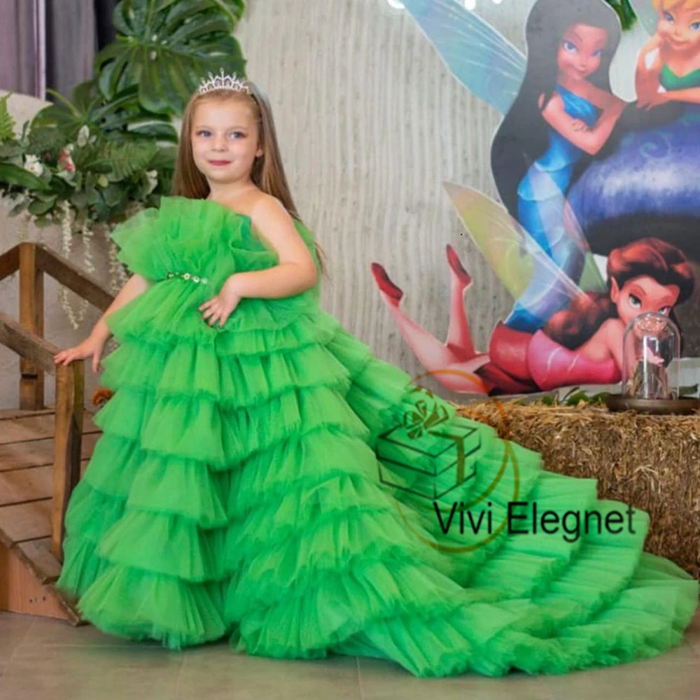 Top Trends: Green Tiered Flower Girls Dresses With Crystal 2023 Summer New Sweep Train Christmas Gowns New Zipper Back فلور فتاة اللباس Shoppable Styles