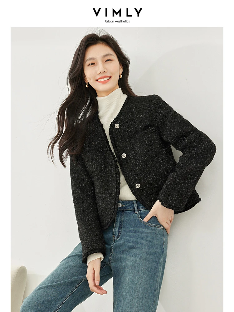 Top Trends: Vimly Black O-neck Tassel Cropped Tweed Jacket 2023 Winter Quilted Jackets Woman Single Breasted Long Sleeve Women&#039;s Coats M3569 Shoppable Styles