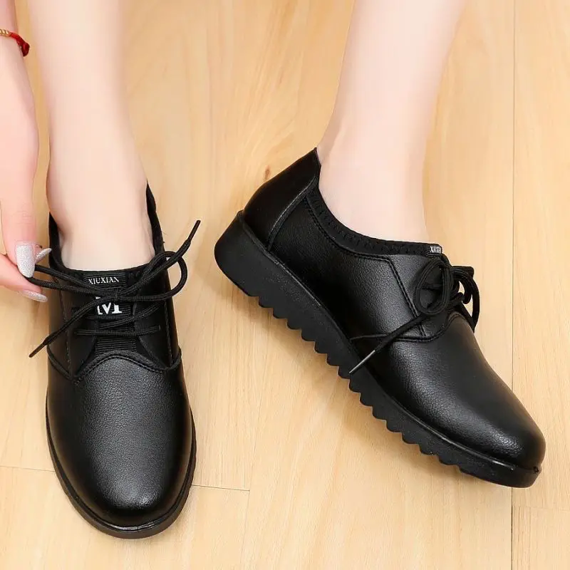 Top Trends: Solid Black Oxford Shoes Woman Work Leather Wedge Flats Female Casual Lace Up Spring Shoes Women's Kitchen Non-slip Loafers Shoppable Styles