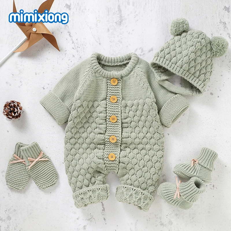 Top Trends: Baby Rompers Caps Clothes Sets Newborn Girl Boy Knitted Jumpsuits Outfits Autumn Winter Long Sleeve Toddler Infant Overalls 2pcs Shoppable Styles