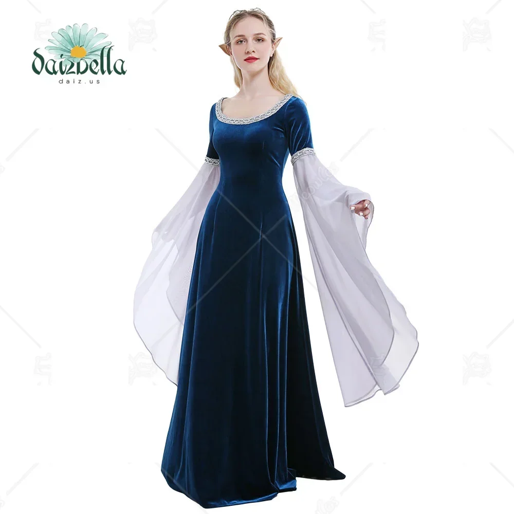 Top Trends: DAIZBELLA Women Medieval Costume Handmade Historical Dress Retro Fairy Elf Dark Blue Velvet Gown With Chiffon Sleeves Shoppable Styles