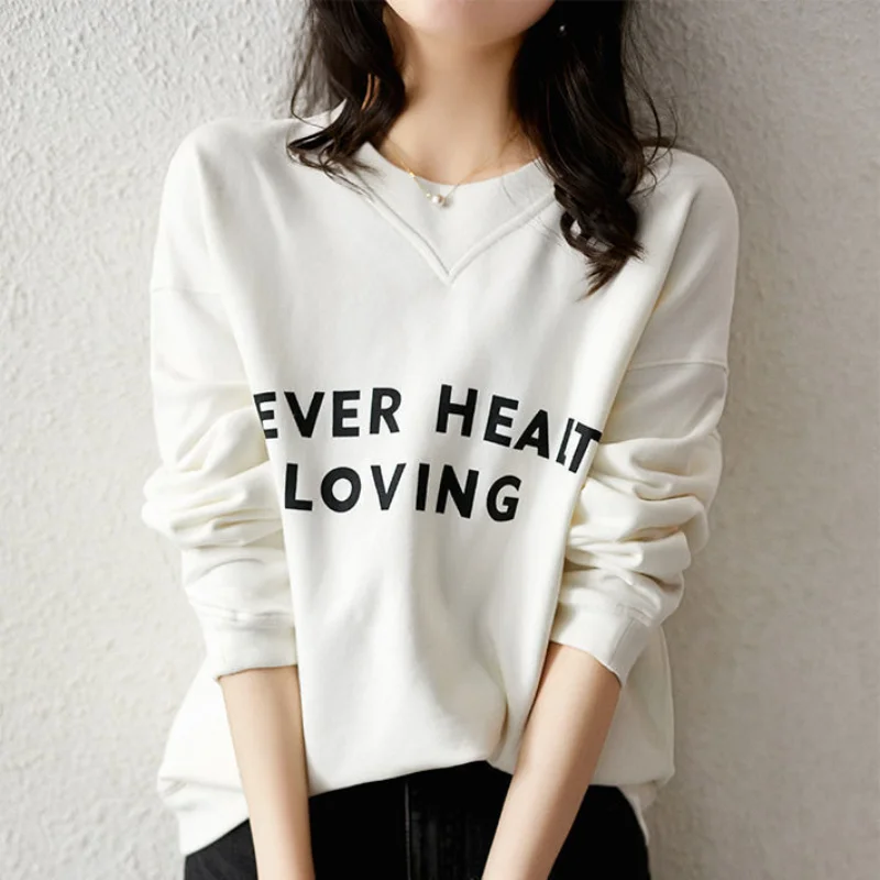 Top Trends: Pocket Hoodies Women's Spring And Autumn Round Neck Korean Simple White Cotton Loose And Slim Printed Letter Pullover Top Shoppable Styles