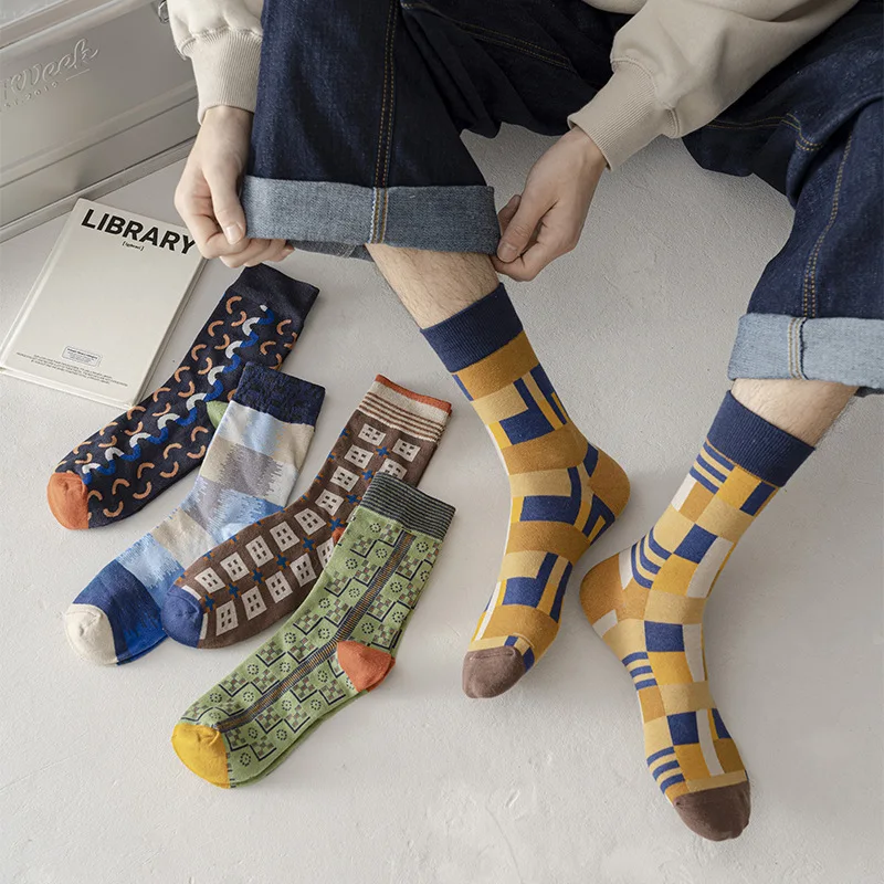 Top Trends: Cotton Socks Men Retro Artistic Long Socks Korean Version Geometric Pattern Personality Sports Socks Funny Happy Socks Male Shoppable Styles