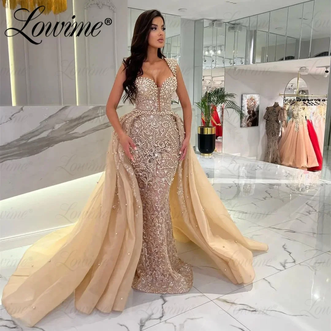 Top Trends: Robe De Soiree Luxury Beaded Evening Dress Customized Arabic Occasion Prom Dresses With Detachable Train Middle East Party Gowns Shoppable Styles