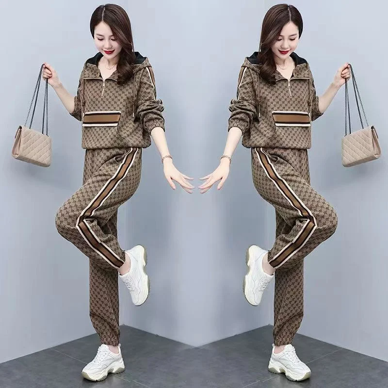 Top Trends: Autumn New Fashion Temperament Sports Hoodie Two Piece Sets Women Retro Hooded Plaid Printed Trousers Casual Streetwear G168 Shoppable Styles