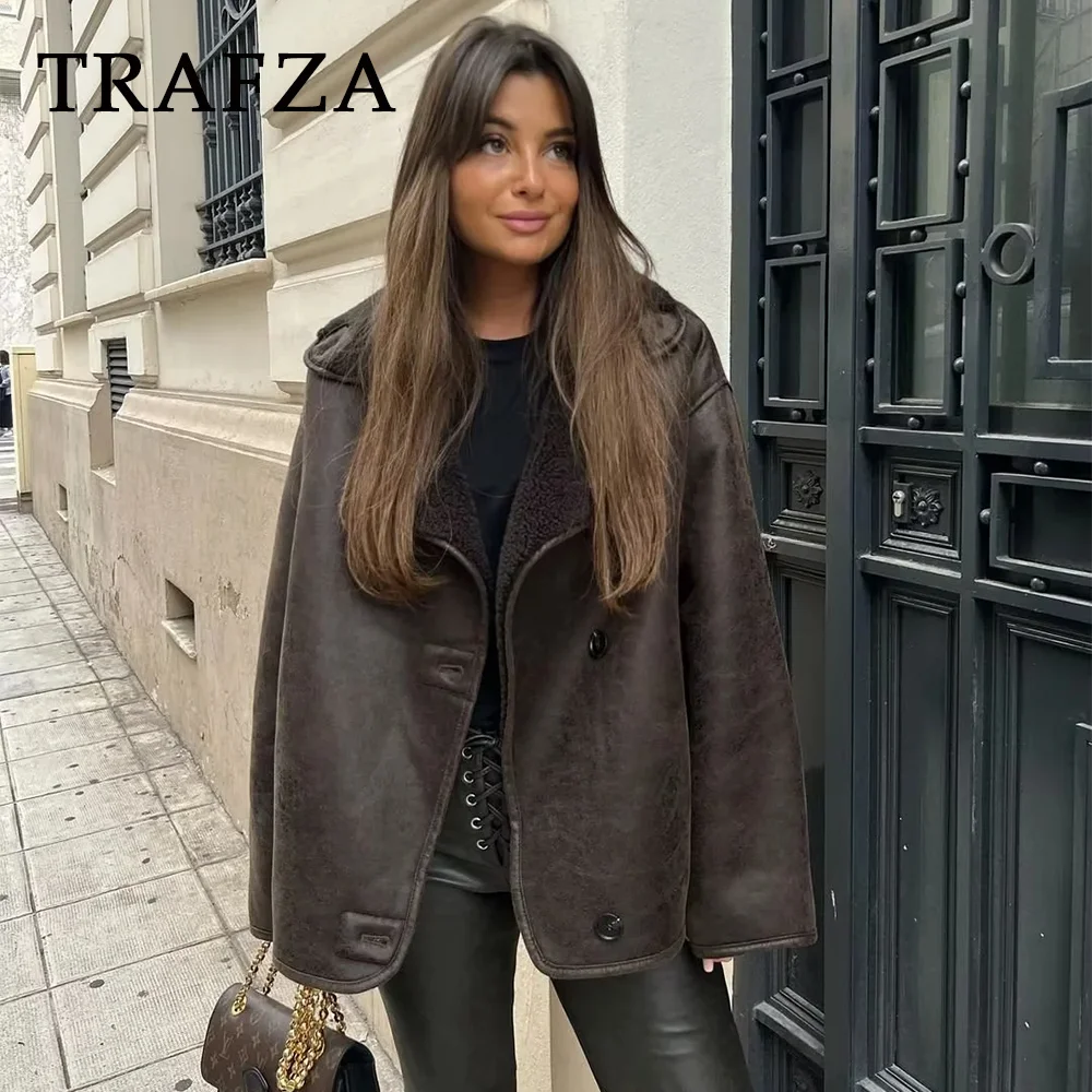 Top Trends: TRAFZA 2023 Autum Winter Vintage Woman Leather Coats Loose Fur Women Jacket Single Breasted Pocket Thick Casual Jackets Parkas Shoppable Styles - Image 6