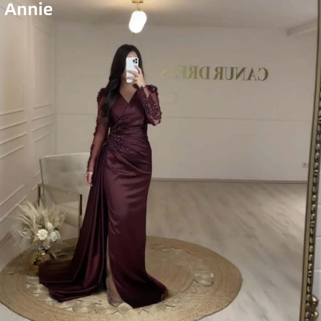 Top Trends: Annie Satin Beading Prom Dresses V Neck Long Sleeves فساتين السهرة Luxurious Dubai Arab Skirt Mopping The Floor Serenehill Shoppable Styles