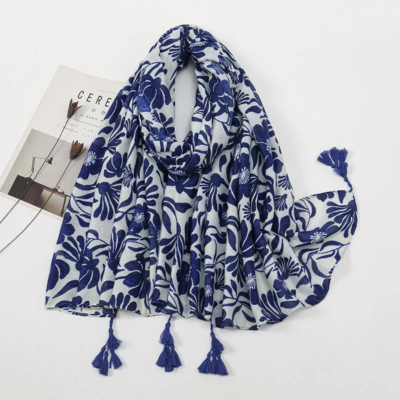 Top Trends: Autumn New Fashion Navy Blue Floral Tassel Viscose Shawl Scarf High Quality Print Soft Wrap Pashmina Muslim Hijab Sjaal 180*90Cm Shoppable Styles