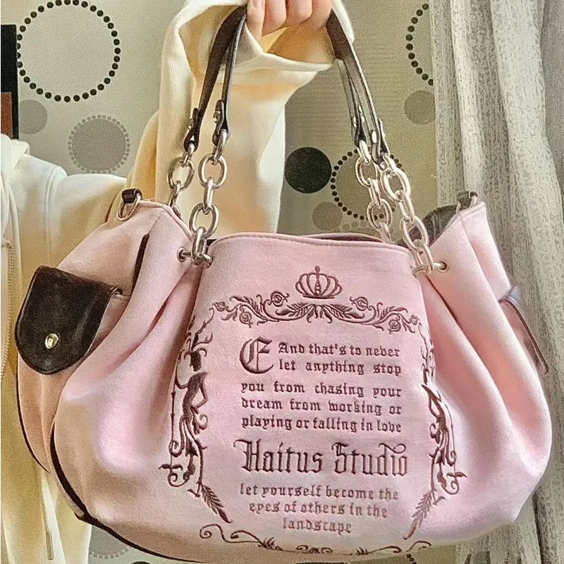 Top Trends: Y2K Women Pink Vintage Gothic Tote Bag Aesthetic Large Capacity Embroidery Letter Retro Ladies Grunge Chain Travel Shoulder Bags Shoppable Styles