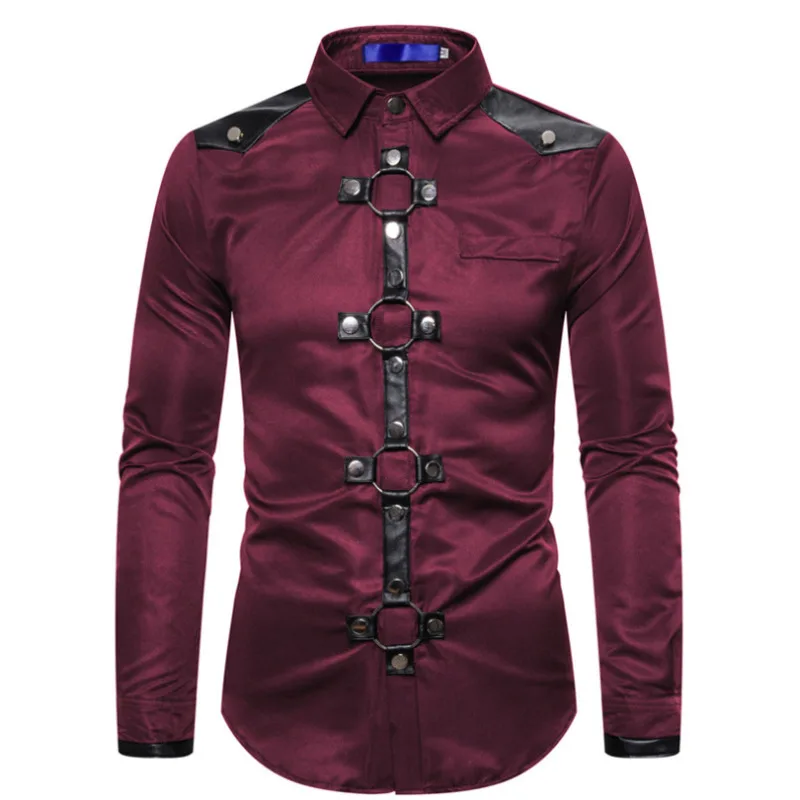 Top Trends: #4753 Streetwear Shirt Men Long Sleeve Gothic Style Rivet Solid Color Men's Shirt Slim Party Singer Stage Shirt Man Black Red Shoppable Styles - Image 4