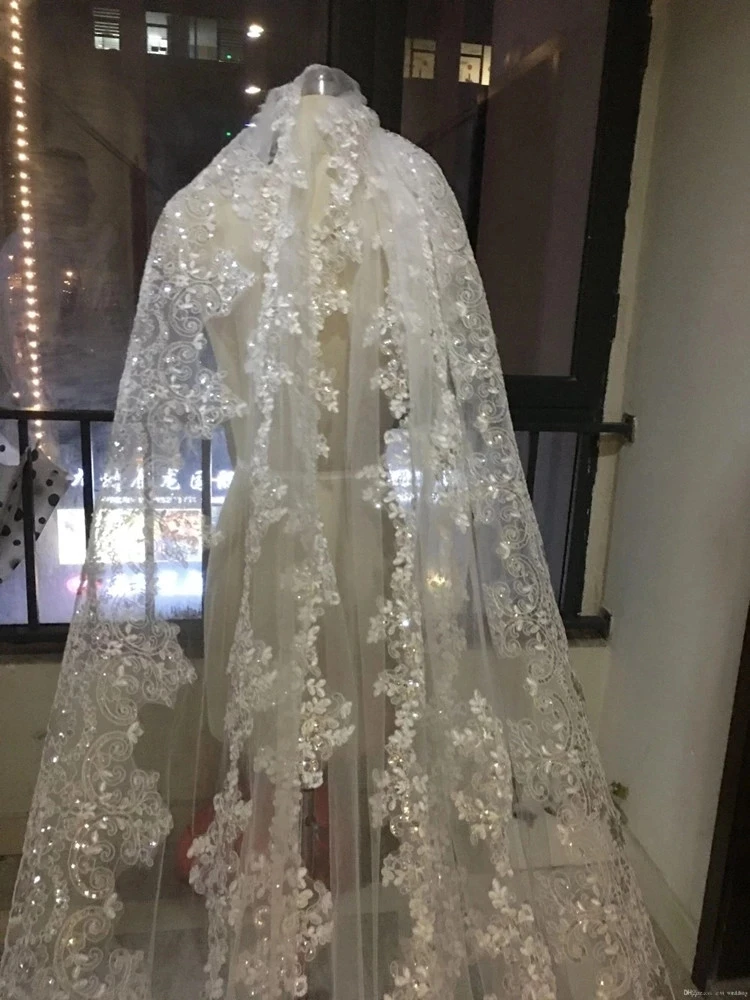 Top Trends: Bridal Veils Sequins New Luxury Cathedral Veil 3M 4M 5M Appliques Lace Edge Custom Made Long Wedding Veils Sequins Wraps 2022 Shoppable Styles - Image 2