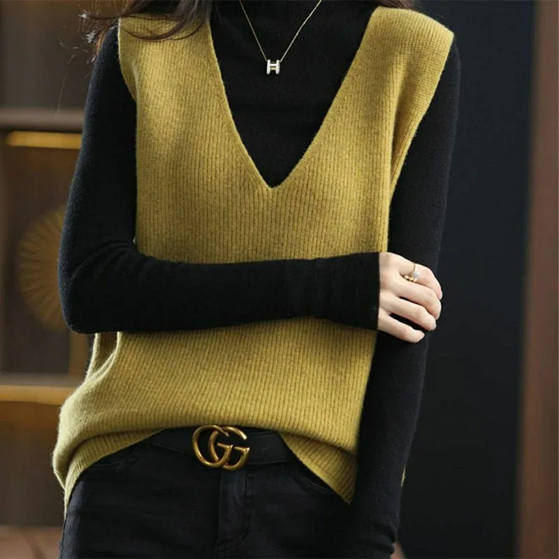 Top Trends: Korea Fashion Women New Knitted Sweaters Vest Spring Autumn Loose Coat Vintage V-neck Solid Casual Sleeveless Pullover Tops 2023 Shoppable Styles