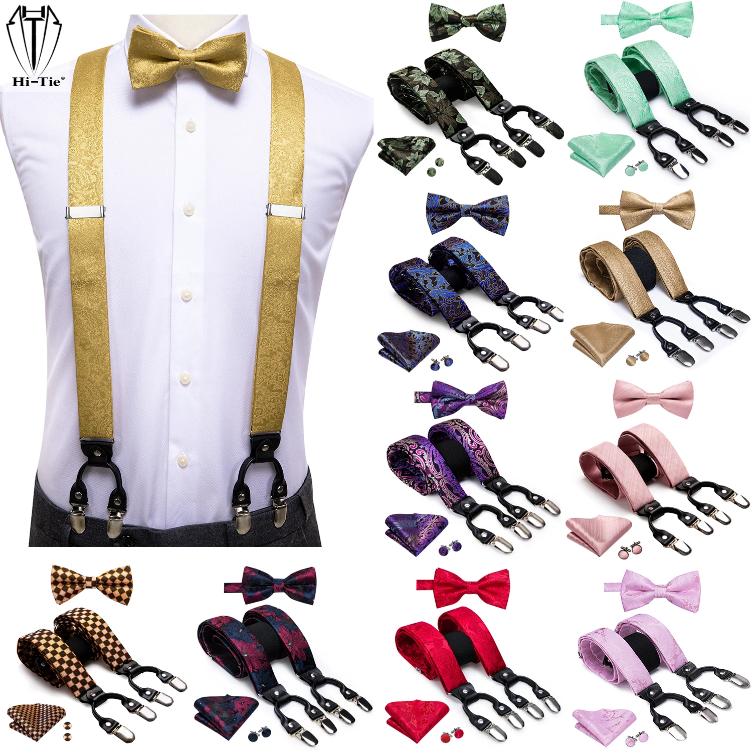 Top Trends: Hi-Tie Jacquard Woven Silk Gold Mens Suspender Braces Bow Tie Hanky Cufflinks Set For Men Adjustable Elastic Galluses For Men Shoppable Styles