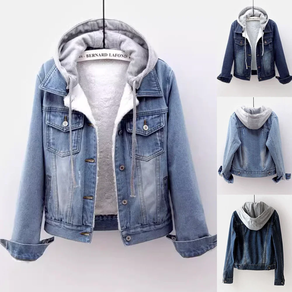 Top Trends: Korean Version Of Denim Plus Velvet Jacket Solid Color Fashion Detachable Hooded Fleece Warm Lamb Wool Cotton-padded Jacket Shoppable Styles